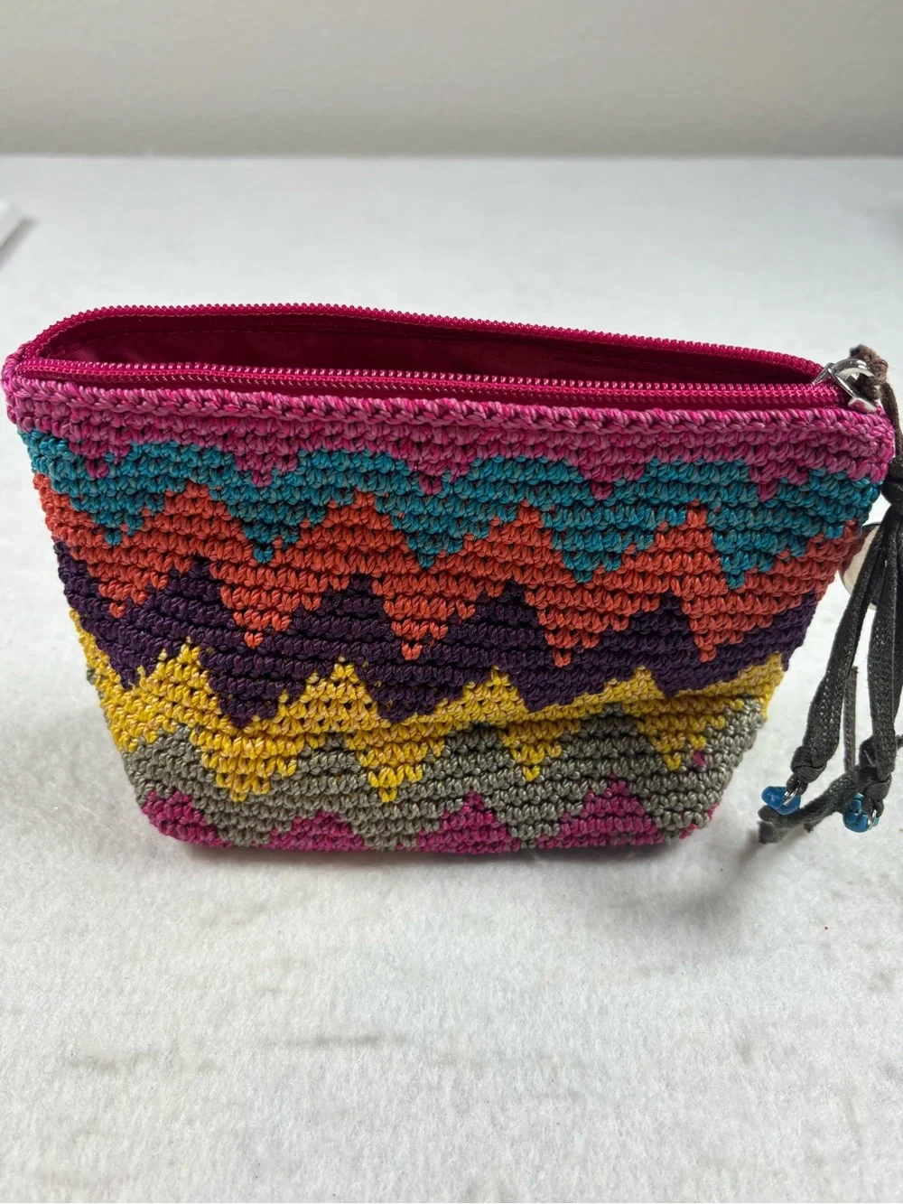 The Sak Colorful Crochet Zip Pouch Cosmetic Bag Boho Small Multi Color